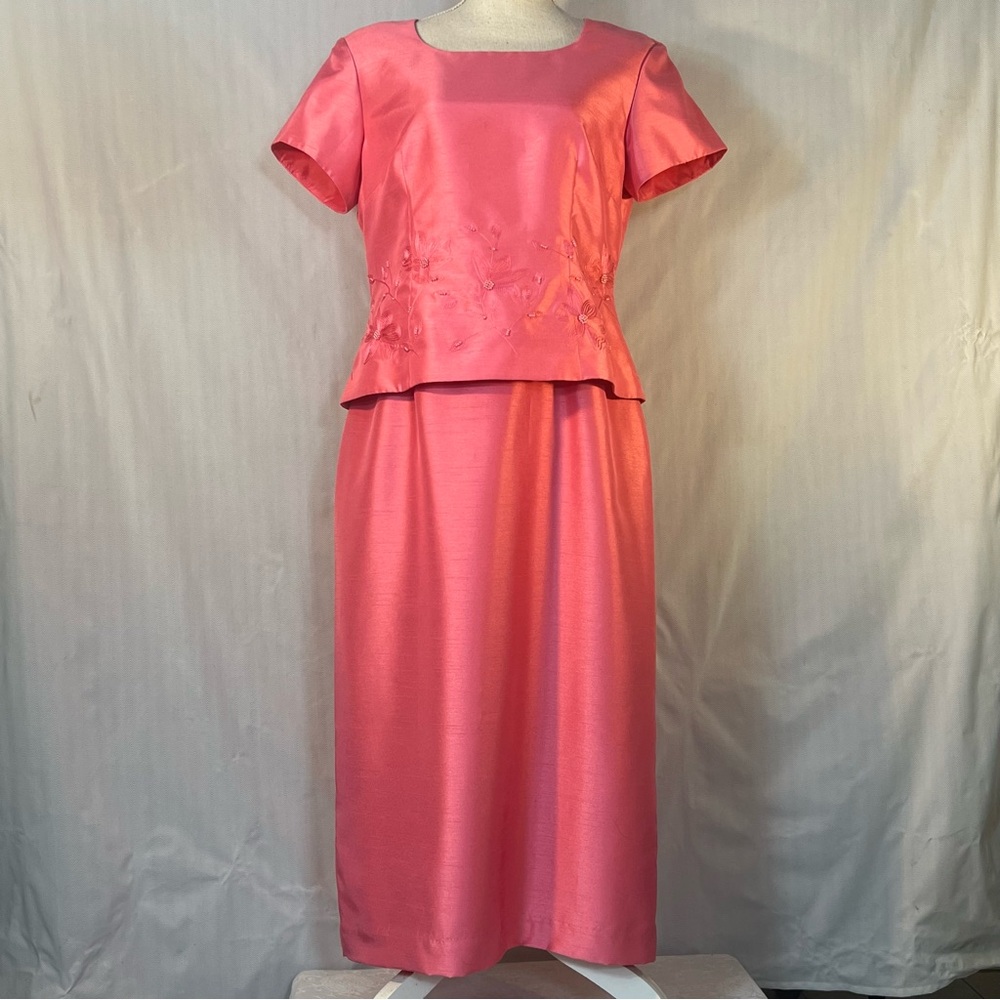 Jessica Howard Maxi Formal Dress Rose Pink Embroidered Floral Faux Pearl EUC 12👍